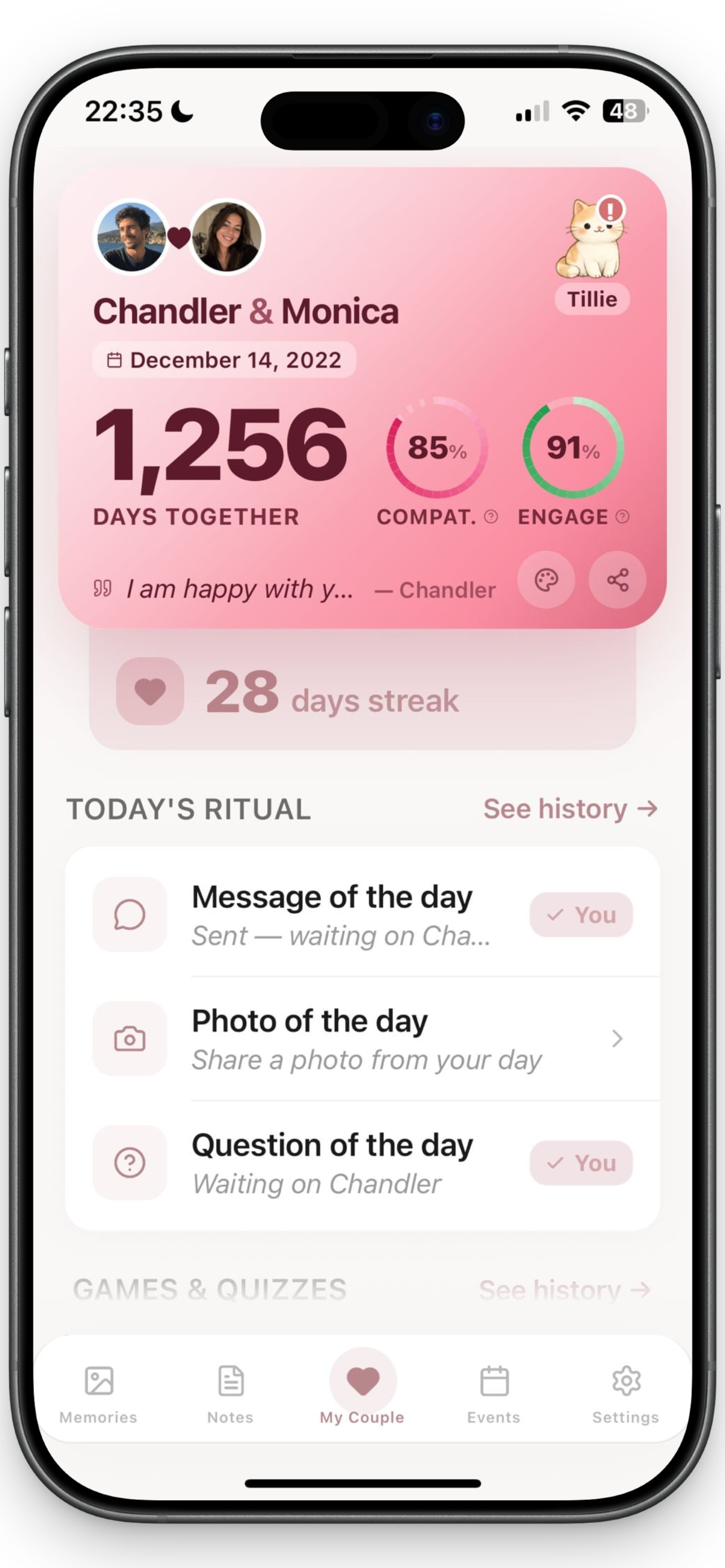 OurCouple home screen — couple card with days together, compatibility and engagement scores, and today's ritual