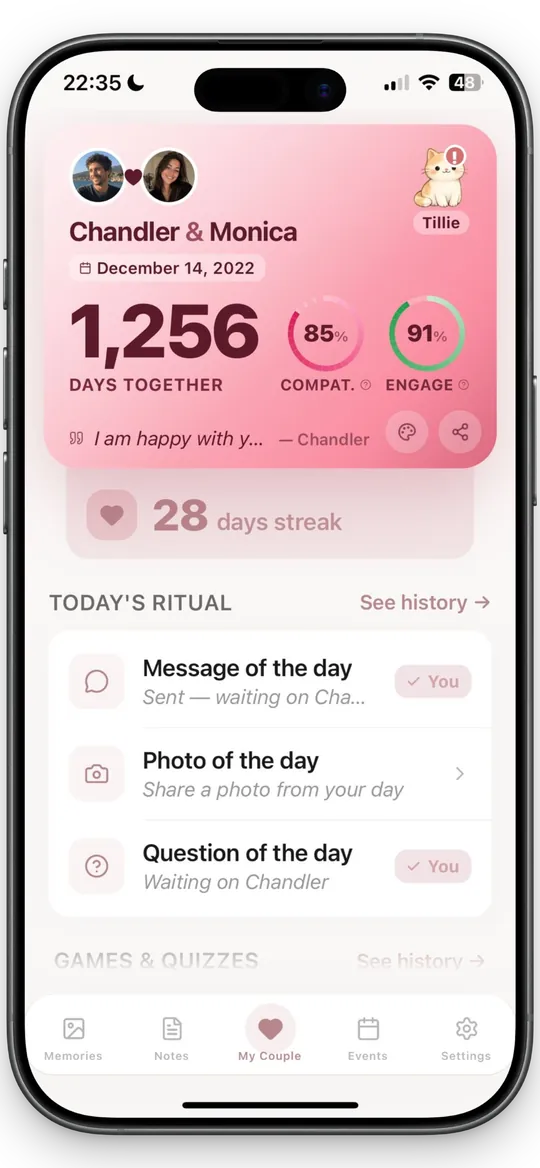 OurCouple home screen — couple card with days together, compatibility and engagement scores, and today's ritual