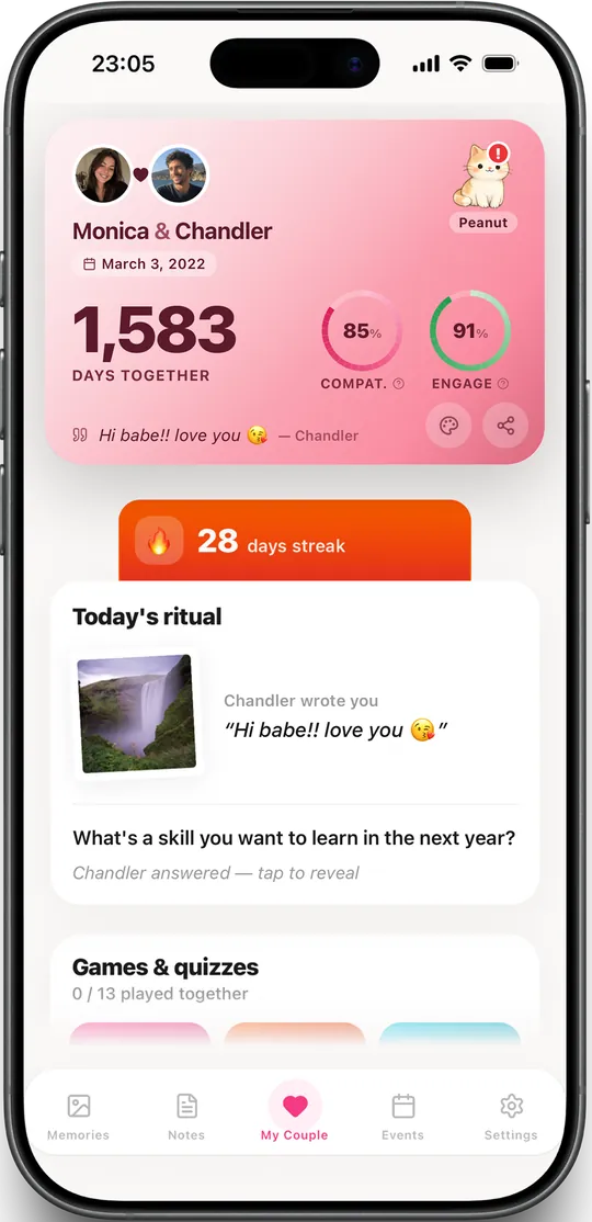 OurCouple home screen — couple card with days together, compatibility and engagement scores, and today's ritual